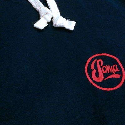 Navy hoodie with red embroidered Soma logo